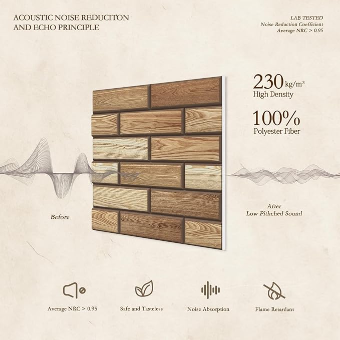 12Pack Acoustic Panels, Self-Adhesive 3D Brick Pattern Sound Proof Panels for Walls, Decorative Sound Dampening Wall Panels for Recording Studios, Offices, Home, 12"×12"×0.4", Faux Wood Grain Print