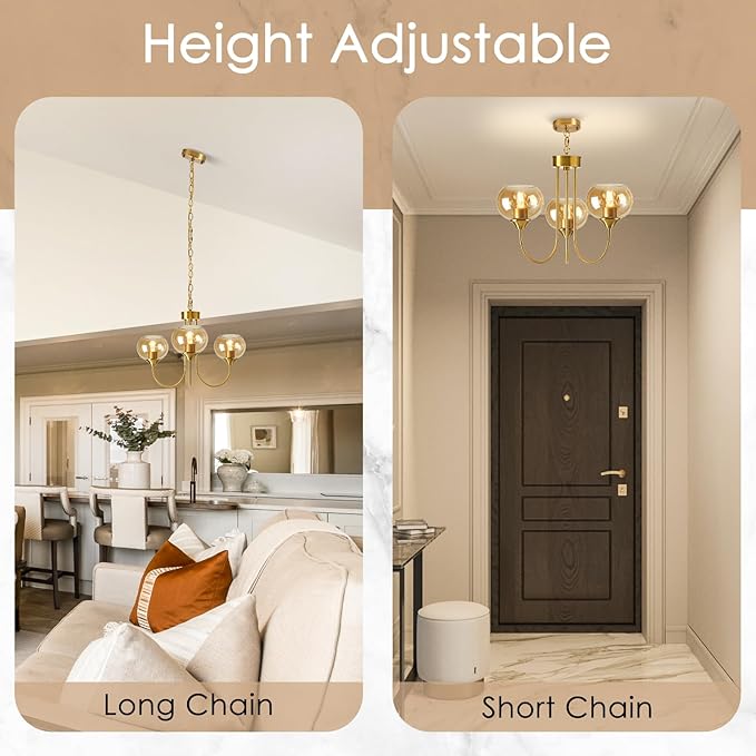 Mid Century Modern Globe Chandelier 3 Light Amber Glass Vintage Sputnik Chandeliers Gold Pendant Light Fixtures for Dining Room Kitchen Living Room Bedroom