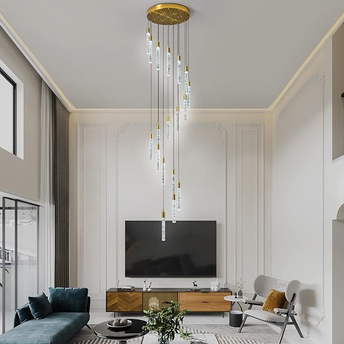 18-Light Modern Living Room Chandelier Gold Brass Finish Crystal Ceiling Pendant Lights LED Dimmable 108W 6000K Staircase Large Chandeliers for Entryway Lobby Foyer High Ceiling Chandeliers
