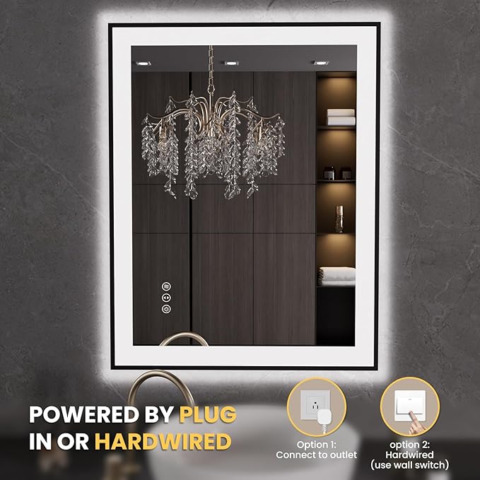 LOAAO 28"X36" LED Bathroom Mirror Black Framed, Anti-Fog, Dimmable, Lighted Bathroom Vanity Mirror for Wall, Memory Function, Tempered Glass