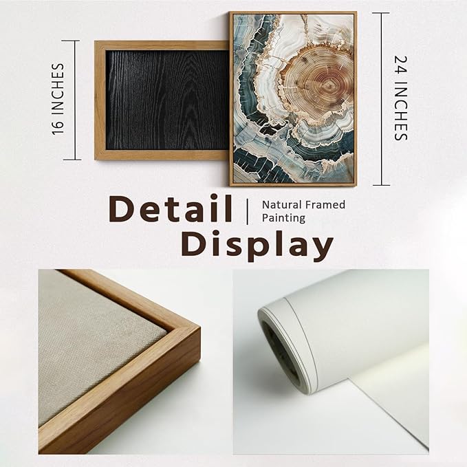 BingruiArt Framed Tree Ring Canvas Wall Art Abstract Wood Wall Decor Boho Modern Colorful Nature Painting Wood Stump Prints Pictures for Living Room Bedroom Bathroom Office 16"x24" Natural Framed(06)