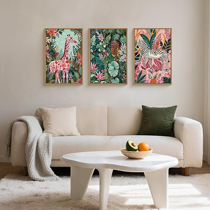 Aryroi Large Jungle Giraffe and Zebra Framed Canvas Wall Art,Modern Safari Wild Animal Wall Decor,Tropical Nature Wildlife Artwork,Boho Botanical Art Print for Living Room,Bedroom,Office-16 x24 x3