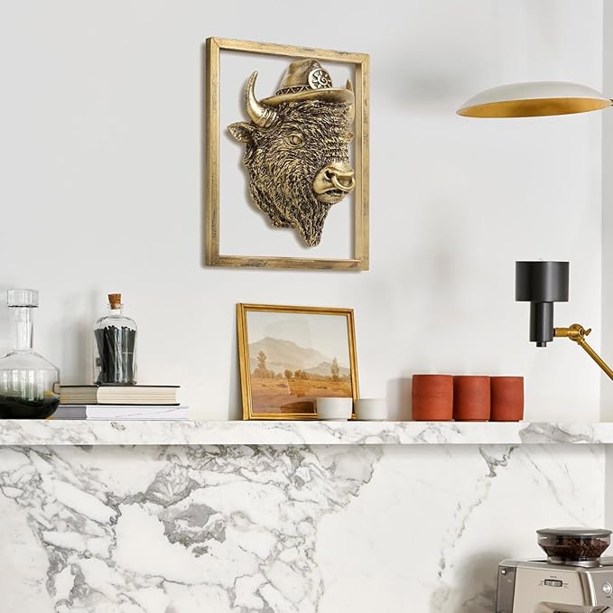 Newinhome Animal Heads Wall Decor (Includes Metal Frame) Resin Animals Sculptures Head Wall Hanging Decoration Gold vintage Wall Sculpture for Living Room Bedroom Office (American Bison)