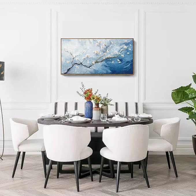 Nicetop Framed Wall Art for Living Room - Large Plum Blossom Canvas Art Prints with Wood Frame - Blue and White Artwork Abstract Ocean Wall Picture Bedroom Office Dining Room Coastal Decor 48x24 Inch