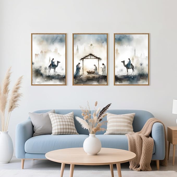 Large Catholic Jesus Nativity Scene Framed Canvas Wall Art Set,Watercolor Holy Birth of Jesus Wall Decor,Trendy Christmas Religious Artwork for Living Room,Bedroom,Church-24 x36 x3