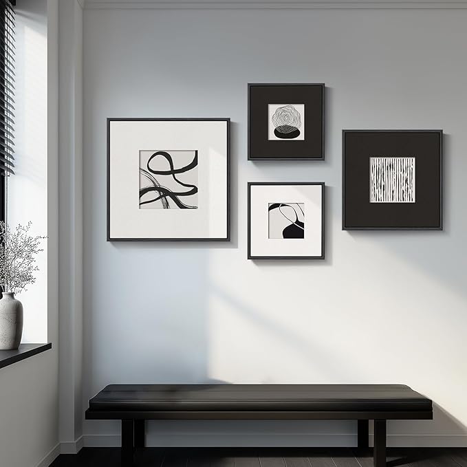 3D Textured Framed Black and White Abstract Wall Art for Living Room, 4 Piece Modern Artwork for Walls, Black White Minimalist Wall Paintings for Hallway Office Wall Decor