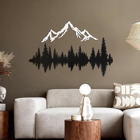 Metal Mountain Wall Art 24" x 20", Mountain Wall Decor, Art Wall Hangings for Living Room, Bedroom, Black and White, 24 Inch Long