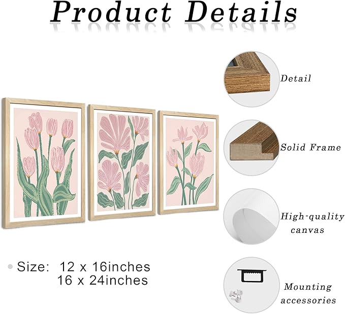 JLTULT 3 Piece Pink Abstract Tulips Floral Wall Art, Boho Green Botanical Wall Decor, Modern Flowers Paintings Art Prints for Living Room Bedroom Home Farmhouse Office12x16 Framed inch Ready to Hang