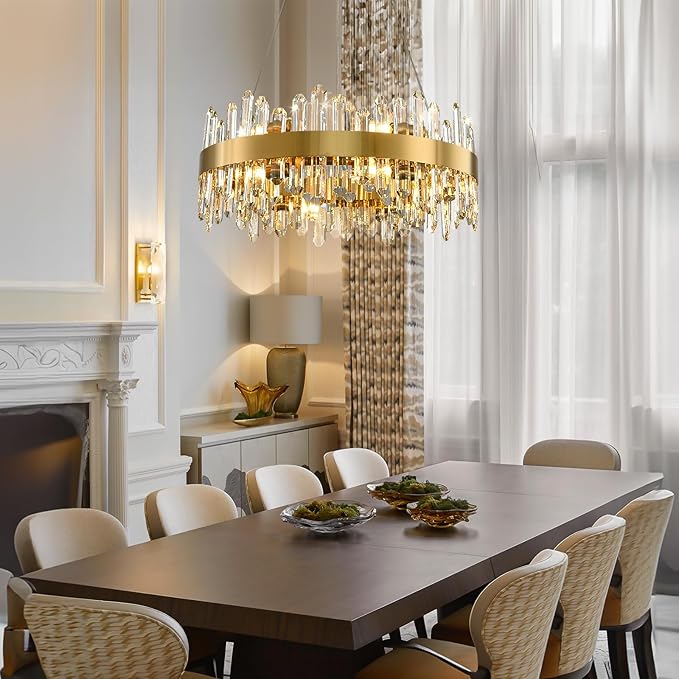Modern Crystal Chandelier, 24in K9 Crystal Chandeliers for Dining Room, 12 Lights 2 Tier Dimmable Round Gold Chandelier, Adjustable Modern Chandeliers for Living Room, Bedroom, Bathroom, Kitchen Foyer