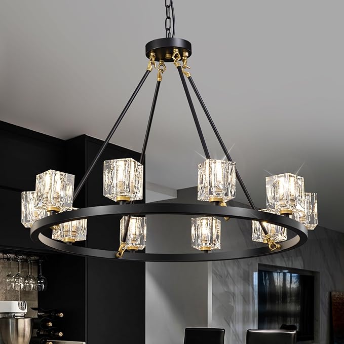 Black Wagon Wheel Chandelier,10-Lights Crystal Chandeleirs with Adjustable Height, Dining Room Light Fixture, Hanging Lights for Kitchen Island, Living Room, Bedroom, Entryway, G9 Base