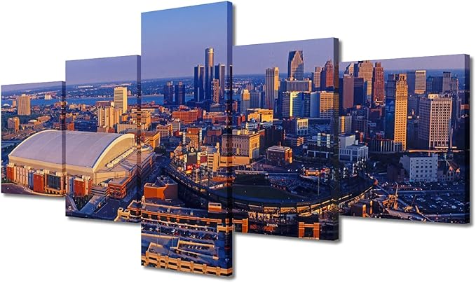 Beautiful Detroit Cityscape Home Decor Posters and Prints Detroit City Skyline Art Prints 5 Piece City Night Pictures Canvas Wall Art House Decor Stretched and Framed Ready to Hang (50"Wx24"H)