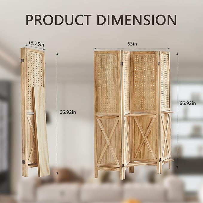4 Panel Pegboard Room Divider with Shelves, Wood Room Divider and Folding Privacy Screen, Peg Board Display Stand Wall Divider for Room Separation for Craft Shows Events Retail, Natural