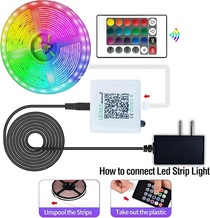 AILBTON Led Strip Lights,60ft Music Sync Color Changing, Built-in Mic,Bluetooth App Control LED Tape Lights with Remote,5050 RGB Rope Light Strips