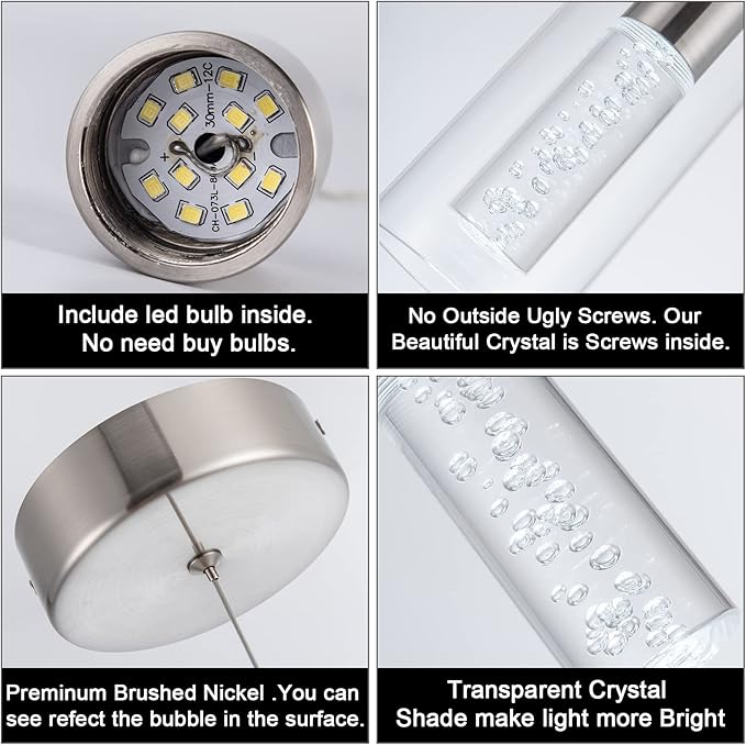 3 Pack Pendant Lights Kitchen Island, 6000K Kitchen Island Dining Room Light Pendant Lighting Fixtures Bubble Crystal Chandelier Over Island Table Modern Hanging Light for Bar Dining Room