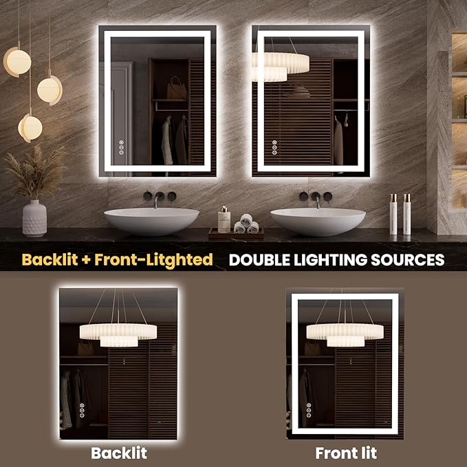 LOAAO 27.6"x35.4" LED Mirror for Bathroom, Lighted Bathroom Mirror with Lights, Anti-Fog, Dimmable, Memory Function, Easy to Install, Clear Reflection