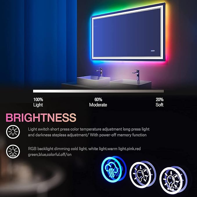 48x32 inch LED Lighted Bathroom Mirror,RGB Color Changing LED Mirror for Bathroom,Dimmable Anti-Fog Backlit Vanity Mirror (RGB Multicolor Backlit + Adjustable Front-Lighted)