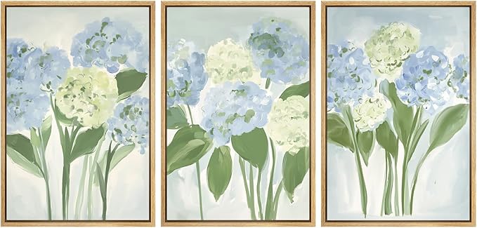 MUDECOR Framed Wall Art Print Set Blue Hydrangea Floral Botanical with Green Leaves Illustrations Modern Art Boho Decorative Colorful Chic for Living Room, Bedroom, Office - 24"x36"x3 Natural