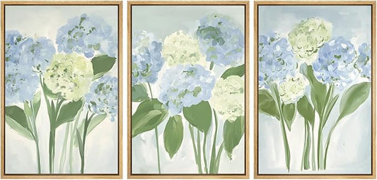 MUDECOR Framed Wall Art Print Set Blue Hydrangea Floral Botanical with Green Leaves Illustrations Modern Art Boho Decorative Colorful Chic for Living Room, Bedroom, Office - 24"x36"x3 Natural