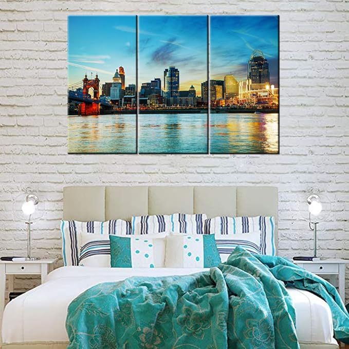 Ohio Pictures for Wall Art Cincinnati Downtown Overview Early in the Night Photo Poster Prints Color Wall Art for Modern Living Room Office Wall Decor Cityscape Artwork Ready to Hang 40‘’x20‘’x3P