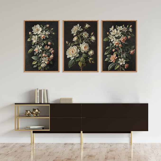 Moody Botanical Floral Framed Canvas Print Wall Art Set,Vintage Retro Dark Black Flowers Wall Decor,Nature Modern Elegant Wildflower Artwork for Living Room,Bedroom-24 x36 x3