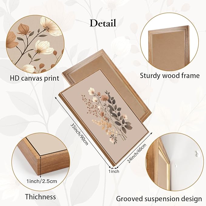 CHDITB Botanical Flower Framed Canvas Wall Art Set, Nature Wildflower Wall Decor, Boho Floral Art Antique Wall Painting, Vintage Dining Room Art Prints for Living Room, Bedroom, Office 24"x36"x3