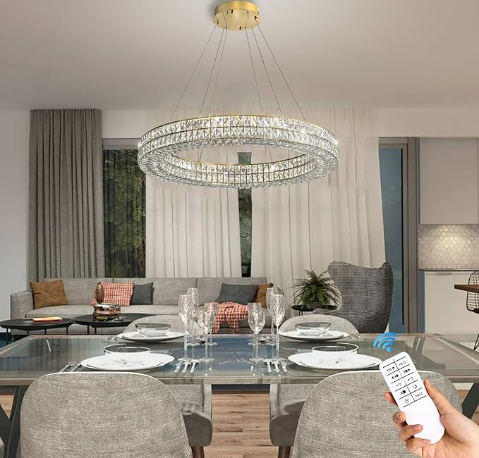 Led 24" Gold Ring Crystal Chandelier, Modern Dimmable Chandeliers Lighting and Hanging Adjustable, LED Round Ceiling Light Fixtures for Dining Room Living Room
