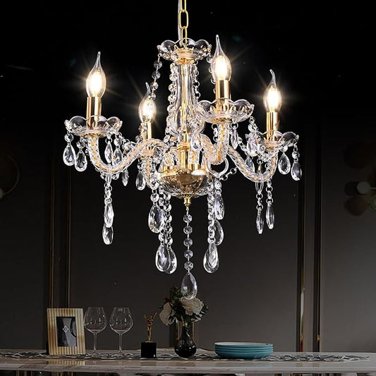 MALOSA Small Gold Crystal Chandeliers,Modern 4 Lights Mini Chandelier,Antique Candle Glass Chandelier for Bedroom,Living Room,Entryway