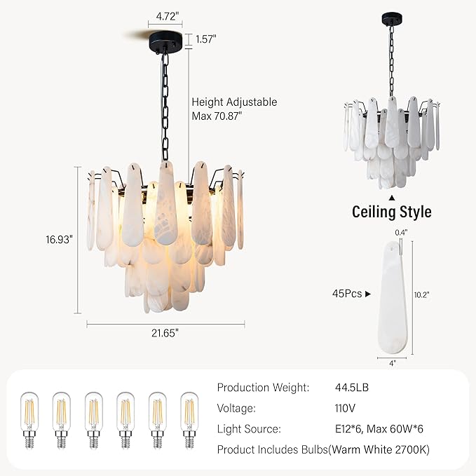 Alabaster Chandelier, D23.6in Modern Alabaster Round Dining Room Chandelier, 4-Tiers Luxury Natural Stone Ceiling Light Fixture, White Marble Chandeliers for Living Room Bedroom Foyer Entryway Kitchen