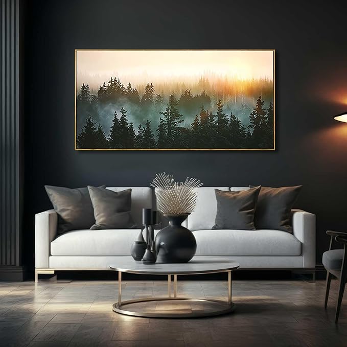 Living Room Wall Art Sunrise Misty Forest 24"x48" Modern Home Wall Decor Plants Wall Decorations Framed Artwork for Bedroom Dining Room Office Hotel