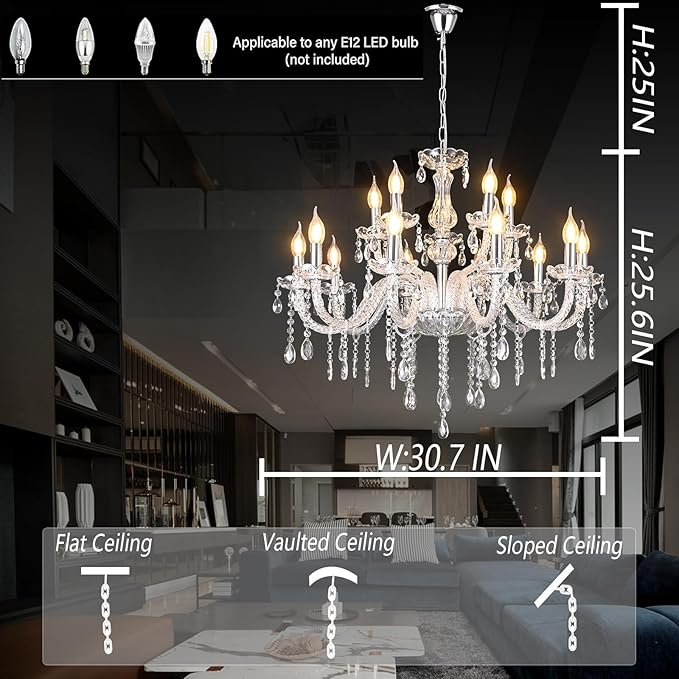 MALOSA Large Clear Crystal Chandeliers,30.7" Large Chandelier for Living Room,Bedroom,Dining Room,Hallway 15 Lights