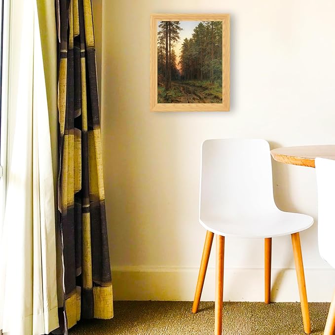 Brivoria Framed Canvas Wall Art Vintage Decor, Realistic Autumn Pine Forest Scene with Muddy Trail, Golden Sunset and Water Reflection for Bedroom Entryway Hallway or Rustic Nature Display, 13"x16"