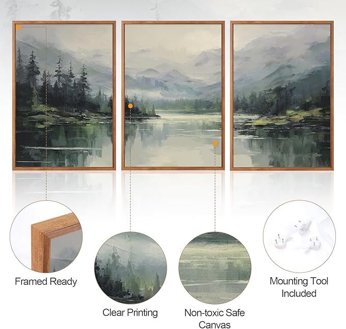 Aurlan Green Pine Trees Forest Landscape Framed Wall Art(16"x24"), 3PCS Abstract Mountain Lake Canvas Artwork, Large Watercolor Modern Nature Scenery Decor for Office Home
