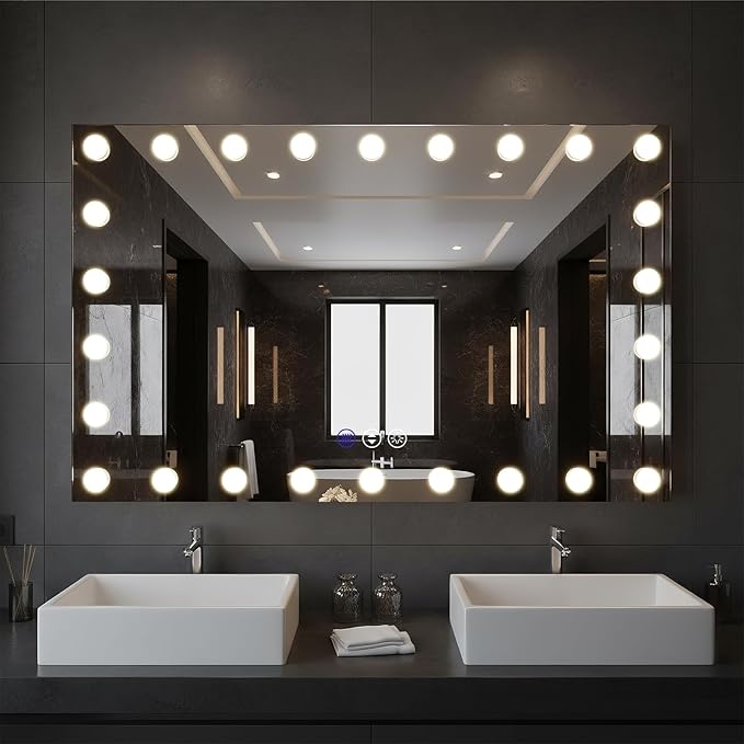 55x36 LED Bathroom Mirrors for Over Sink, Makeup Mirror with LED Bulbs, 3 Colors and Stepless Dimmable CRI90+, Anti-Fog Mirror, Shatter-Proof, Waterproof, Anti-Corrosion, Memory, Wall Mounted