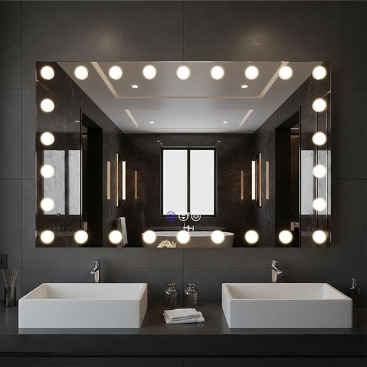 55x36 LED Bathroom Mirrors for Over Sink, Makeup Mirror with LED Bulbs, 3 Colors and Stepless Dimmable CRI90+, Anti-Fog Mirror, Shatter-Proof, Waterproof, Anti-Corrosion, Memory, Wall Mounted
