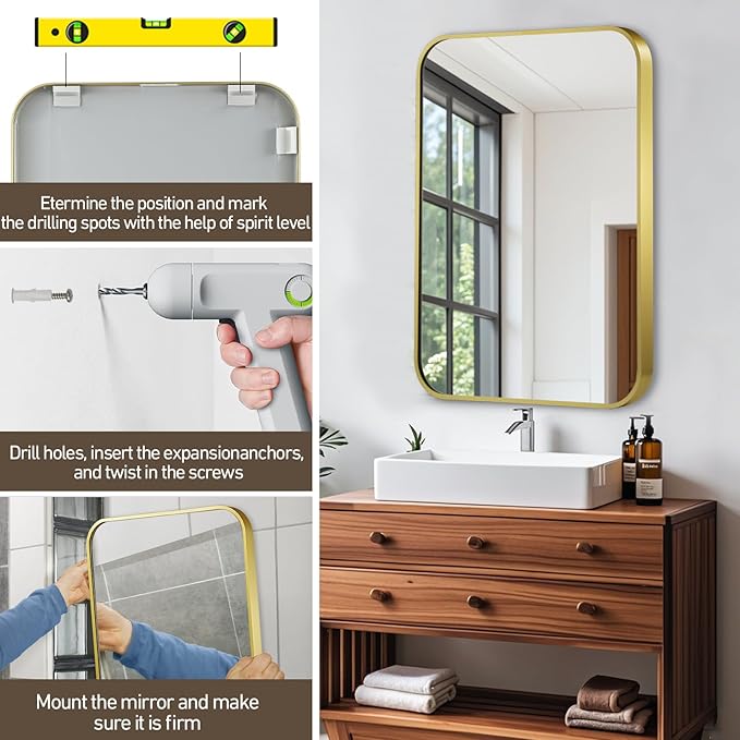 Matte Gold Mirror, 22x30 Inch Brushed Gold Mirror, Aluminum Alloy Framed Vanity Mirror, Rounded Rectangle Bathroom Mirror for Over Sink, Anti-Rust Wall Mirror (Horizontally or Vertically)