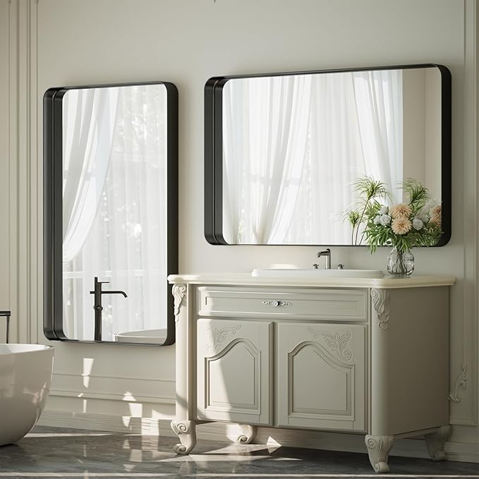 55"x 30" Black Bathroom Mirror - Aluminum Framed Wall Mirror, Bathroom Wall Mounted Vanity Mirror, Modern Bathroom Mirror, Bedroom, Living Room Wall Mirror, Hang Horizontally or Vertically