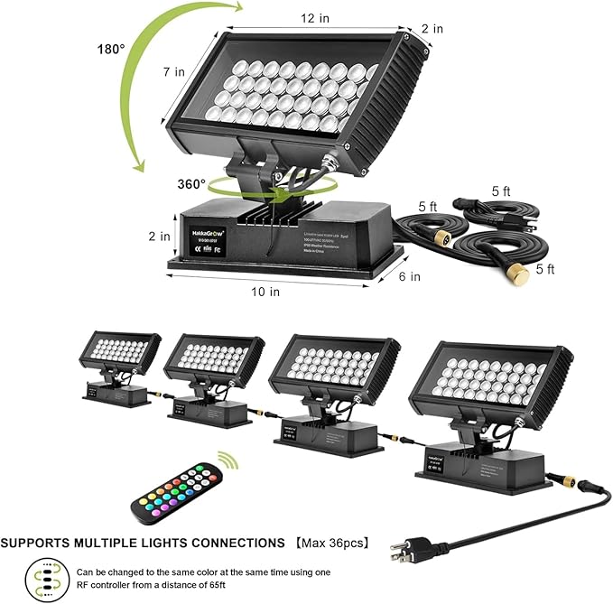 Linkable LED Wall Washer Light with RF Remote, 144W RGBW 5700K Dimmable LED Wall Wash Lighting, AC 120V Waterproof Outdoor CCT Flood Lighting for Buildings, Landscapes, Shops, Ads