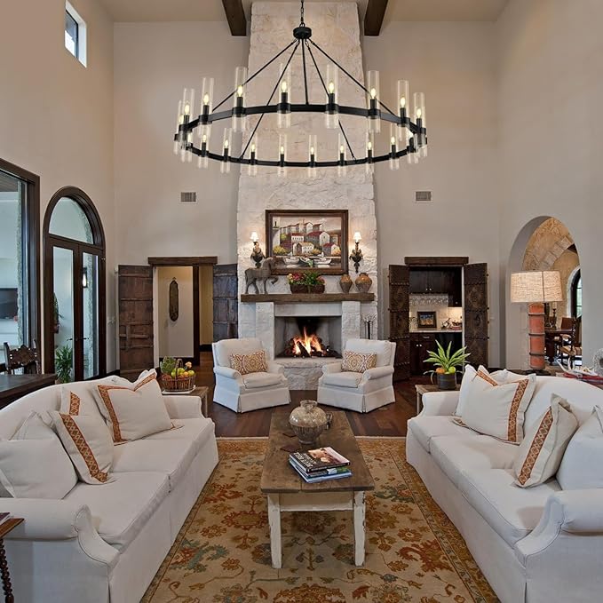 Black Wagon Wheel Chandelier, 60 Inch Chandeliers with Glass Shade, 20-Light Large Chandelier for High Ceiling, Modern Farmhouse Chandeliers for Living Room, Dining Room, and Entryway(Bulbs Included)