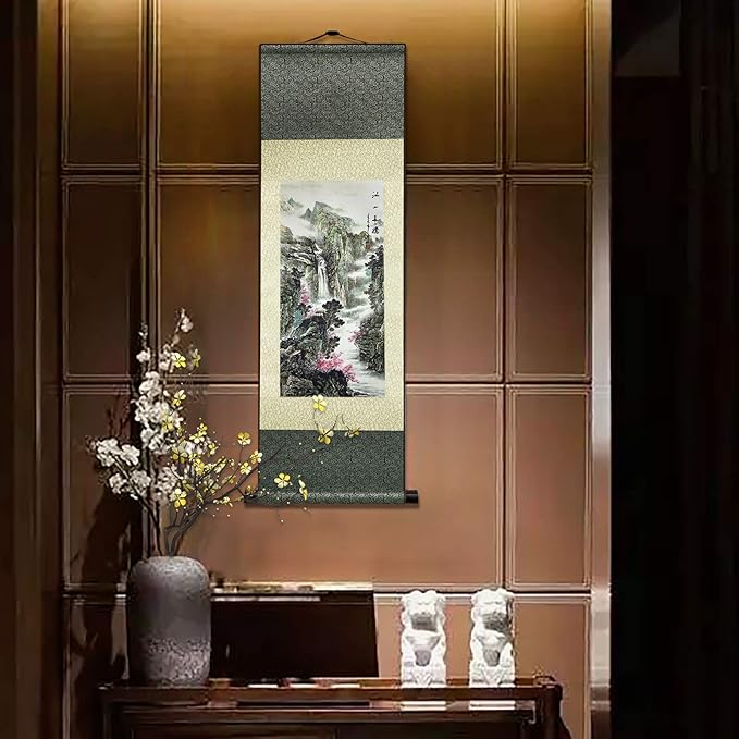 AtfArt Wall Art Asian Decor Beautiful Silk Scroll Painting - Jiangshan Duojiao, Chinese Art, Wall Hanging (36.2 x 12 in)