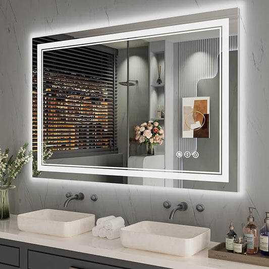 40 x 32 Inch LED Bathroom Mirror, Front Light and Backlit Anti-Fog Dimmable Memory Lighted Vanity Mirror, Shatterproof Wall-Mounted Led Mirror for Bathroom