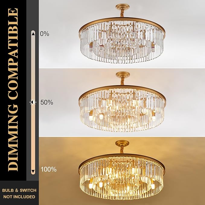 31.5" 12-Light Modern Crystal Chandelier Light Fixtures 3 Rings Gold Luxury Chandeliers for Living Room Glam Round Hanging Ceiling Pendant Lighting for Entryway Kitchen Bedroom Dining Room