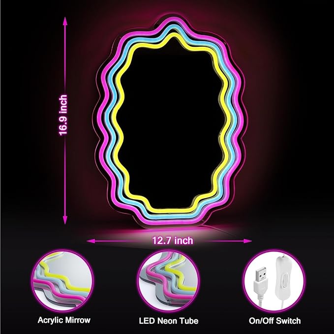 Kavaas Wavy Neon Mirror 16.9" x 12.7", LED Wave Mirror with Lights for Bedroom, Girls Room - Best Gifts for Teen Girls, Birthday, Christmas