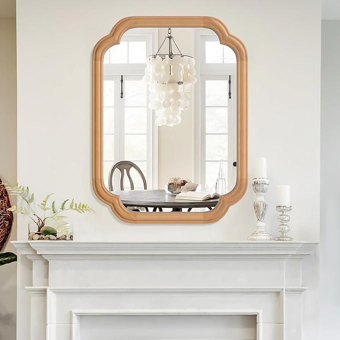 Natural Wood Framed Mirror,18X24 Inch Bathroom Mirror for Over Sink Wood Mirror for Bathroom Modern Rounded Corner Rectangle Wall Mounted Mirror for Bathroom (Horizontal/Vertical)