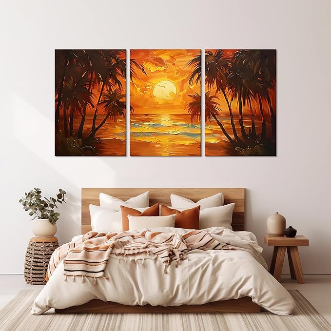 MAMAGO 3 pieces Sunset Landscape Wall Art Large Coastline Coconut Trees Oil Painting Print Modern Beach Poster Hallway Bathroom Office Apartment Decor Framed Easy to Hang-24”W x 36”Hx3pcs