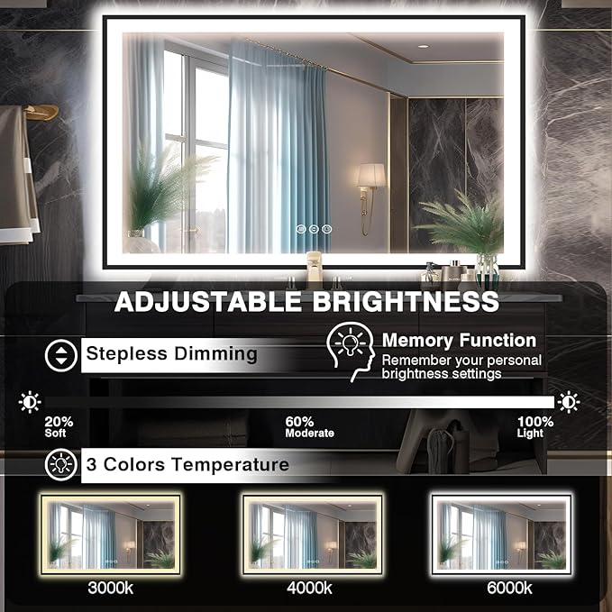 60x40 LED Mirror for Bathroom - Matte Black Framed, Anti-Fog Vanity Mirror with Lights, Stepless Dimmable, 3 Colors Smart