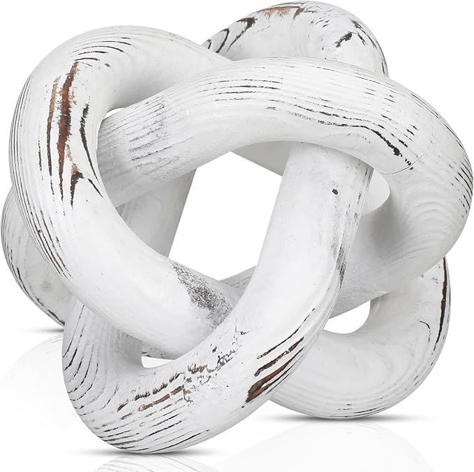 3 Link Wood Knot Decor - Hand Carved Coffee Table Decoration, Boho Chain Link Decor, Modern Shelf, Rustic Objects for Home Living Room Bedroom(Retro White)