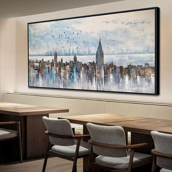 Arjun Cityscape Wall Art New York City Buildings Picture Modern Abstract Grey Skyline Birds NYC Painting Artwork for Bedroom Living Room Bathroom Home Office Decor, Large Size Black Framed 58"x29"