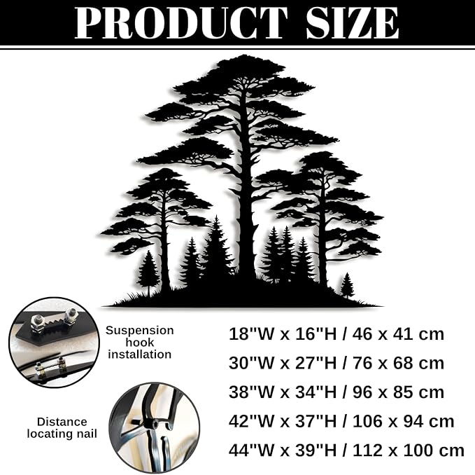 lunwall Metal Pine Tree Wall Art, Metal Forest Wall Art, Pine Branch Wall Decor, Christmas Tree Wall Decor, Forest Wall Hanging, Nature Lover Gift (Style 7, 44" W x 39" H / 112 x 100 cm)