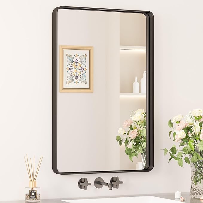 Keonjinn Black Bathroom Mirror, 20 x 30 Inch Rounded Rectangle Sandblasted Finish Bathroom Mirrors for Over Sink, Matte Black Farmhouse Mirror with Seamless Frame, HD Tempered Glass Vanity Mirror