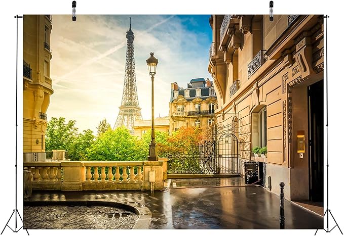 BELECO 7x5ft Fabric Paris Eiffel Tower Backdrop Summer Street View European Famous Building French City Landscape Background Paris Theme Party Decor Wedding Photography Wallpaper Photo Studio Prop